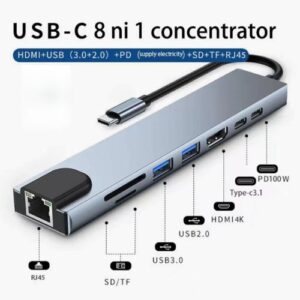 Product details USB-C HUB 8 in 1: Enhance Your Laptop Connectivity Are you still worried about the lack of ports on your laptop? Are you still burdened by multiple individual interface devices? This innovatively designed USB-C hub is the perfect solution for Type C electronic devices and is indispensable for Mac Pro/Air and other Type C laptops and cell phones. With this multifunctional USB C HUB, you can enjoy more entertainment and work more conveniently.Small size, multifunctional! USB C HUB 8 IN 1: Compatibility: The USB-C hub adapter is compatible with all devices that include Type-C/USB ports, especially for MacBook Pro and Air. Features: USB 3.0 Port: High-speed data transfer up to 5 Gbps. USB 2.0 Port: Connect USB keyboard, mouse, flash drive, and USB hard drive to your laptop. USB-C Port: Connect to Type-C devices for data transfer. PD Port: Supports fast charging up to 65W via PD (Power Delivery). 4K HDMI Video Output: Connect to various display devices (monitor, TV, projector) for vivid video synchronization (3840x2160 @ 30 Hz). RJ45 100M Ethernet Interface: Provides stable and faster internet access than most wireless connections. SD/micro SD card reader slots: Access files quickly from SD or Micro SD cards.